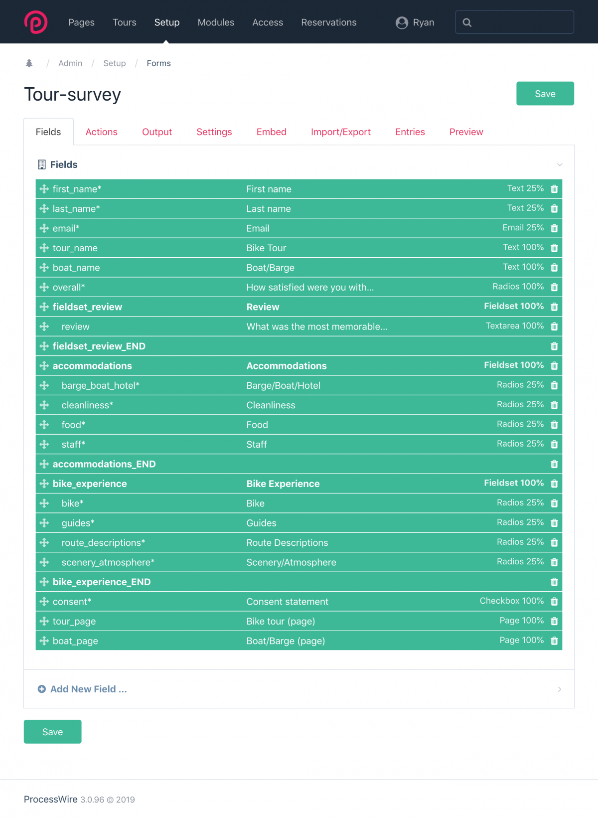 A sortable list of fields in a FormBuilder form. This particular form has 3 fieldsets as well.