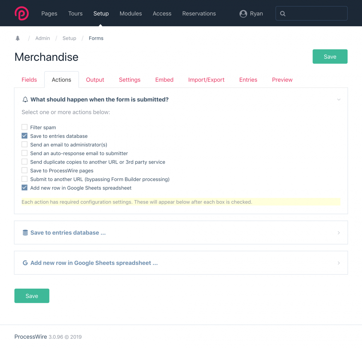 The Actions tab of a FormBuilder form. In this case we've chosen to save entries to our local database, as well as end them into a Google Sheets spreadsheet.