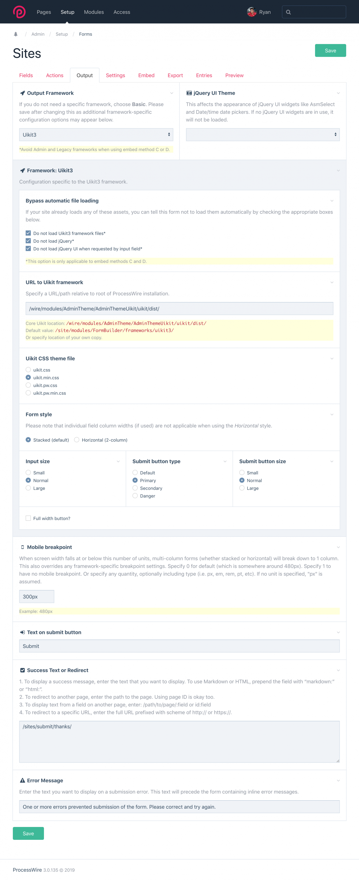 The Output tab of a FormBuilder form, in this case with the with the Uikit v3 framework selected, which is why there are several Uikit-specific options. If a different framework was selected, the options would likewise be different.