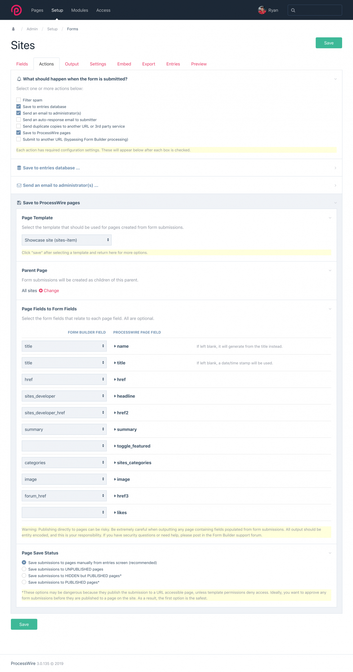 Configuring the optional Save-to-Pages action in FormBuilder on the Actions tab.