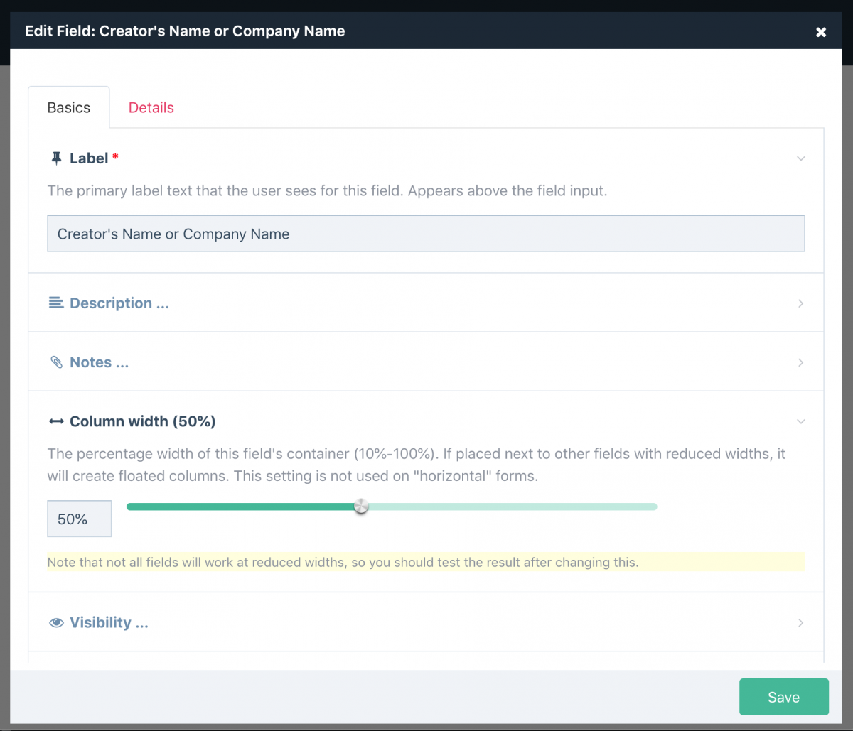 Editing a field in a modal window from a FormBuilder form. This is what you see after clicking a field in the fields list above.