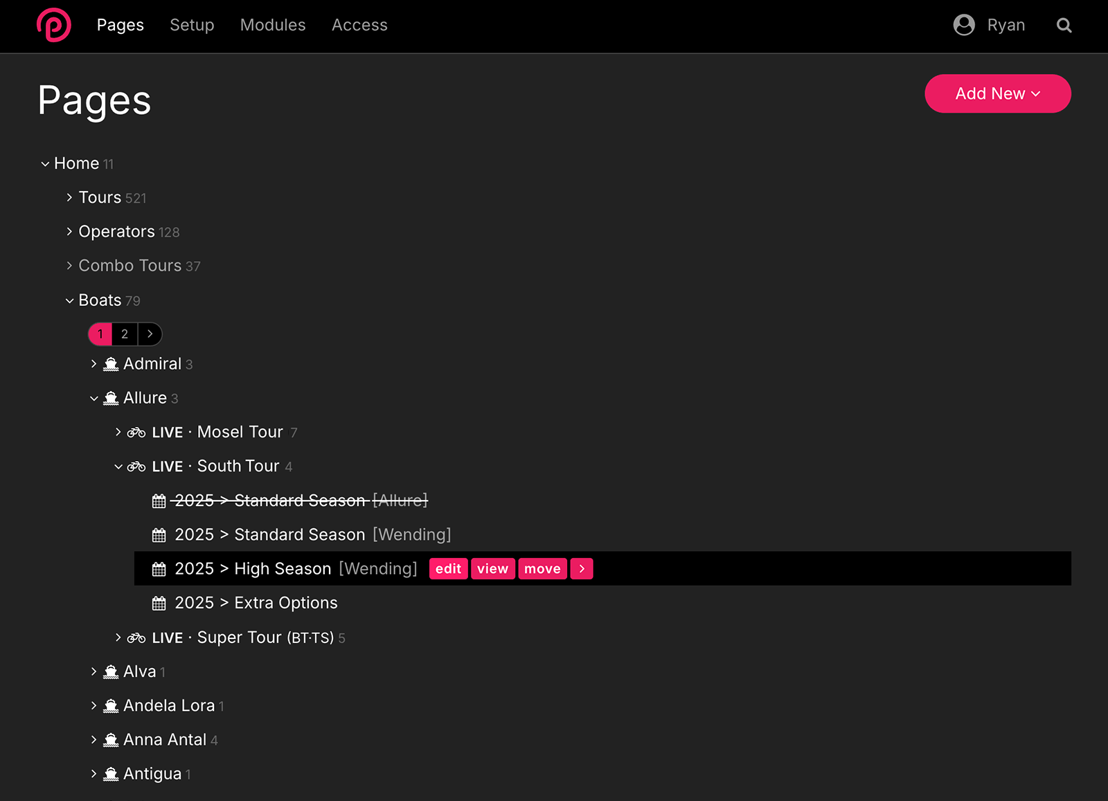 ProcessWire also supports a dark mode, here showing the page list