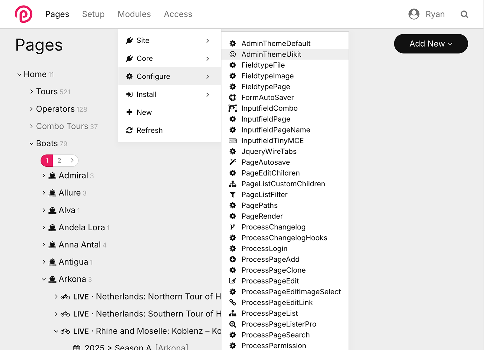ProcessWire’s page list showing the tree structure of pages