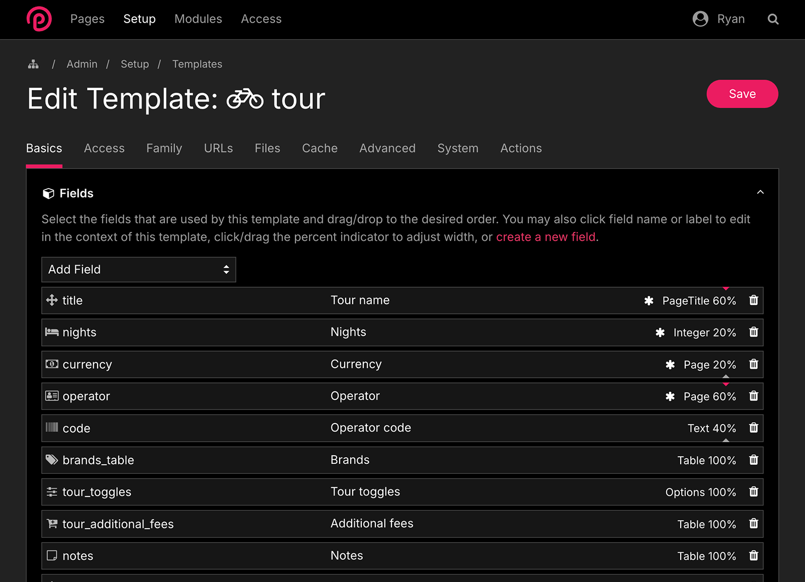 Editing a template where fields are defined for one type of page
